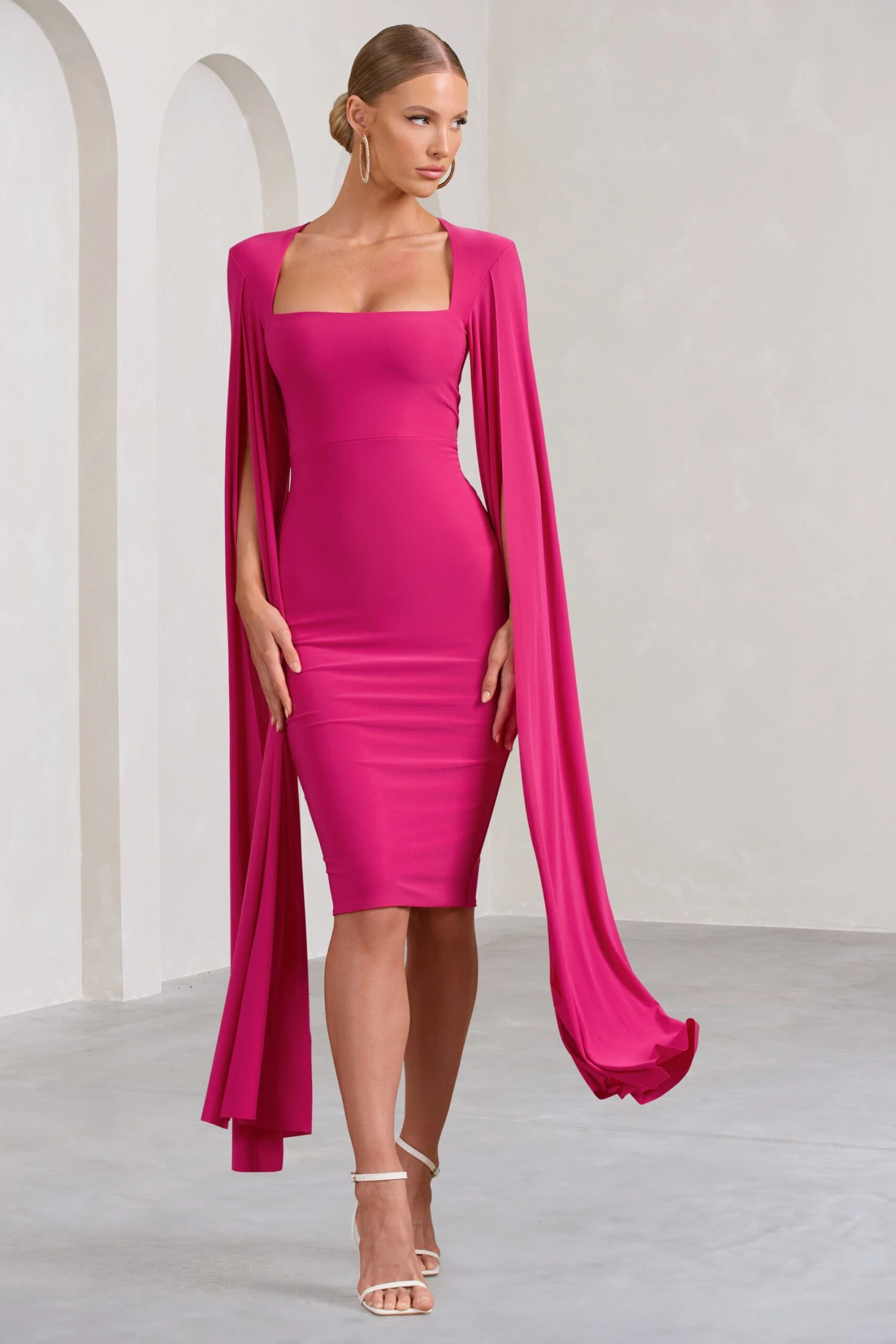 Flawless | Hot Pink Square Neck Midi Dress With Cape Sleeves 6 Flawless | Hot Pink Square Neck Midi Dress With Cape Sleeves - Image 4