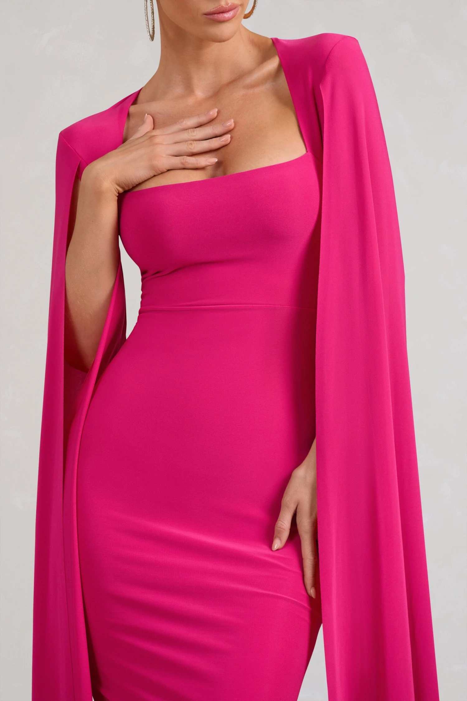 Flawless | Hot Pink Square Neck Midi Dress With Cape Sleeves 5 Flawless | Hot Pink Square Neck Midi Dress With Cape Sleeves - Image 3