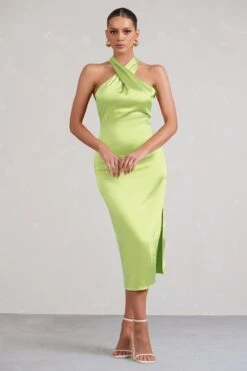 Dazzling | Lime Satin Cross Over Halter Neck Midi Dress 10 Dazzling | Lime Satin Cross Over Halter Neck Midi Dress -Sangyong Store WB CC BR CL127233 limeCrossOverHalterNeckMidiDress2