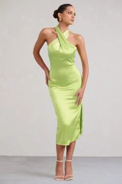 Dazzling | Lime Satin Cross Over Halter Neck Midi Dress 11 Dazzling | Lime Satin Cross Over Halter Neck Midi Dress -Sangyong Store WB CC BR CL127233 limeCrossOverHalterNeckMidiDress5
