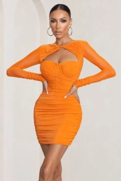 Daiquiri | Orange Cut Out Ruched Mesh Mini Dress With Long Sleeves -Sangyong Store WB CC BR CL127288 DaiquiriOrangeRuchedCutOutMeshMiniDressWithLongSleeves1