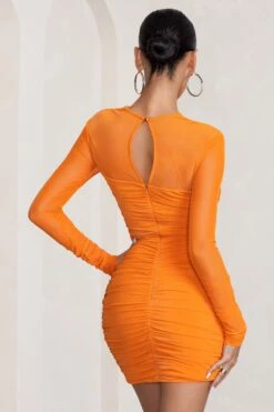Daiquiri | Orange Cut Out Ruched Mesh Mini Dress With Long Sleeves -Sangyong Store WB CC BR CL127288 DaiquiriOrangeRuchedCutOutMeshMiniDressWithLongSleeves4