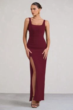 Kate | Berry Square Neck Maxi Dress With Plunge Back And Side Thigh Split -Sangyong Store WB CC BR CL127639 KateBerrySquareNeckMaxiDresswithPlungeBackandSideThighSplit0