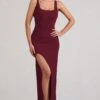 Kate | Berry Square Neck Maxi Dress With Plunge Back And Side Thigh Split -Sangyong Store WB CC BR CL127639 KateBerrySquareNeckMaxiDresswithPlungeBackandSideThighSplit2