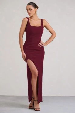 Kate | Berry Square Neck Maxi Dress With Plunge Back And Side Thigh Split