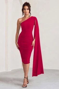 Yara | Red One Shoulder Cape Ruched Midi Dress 10 Yara | Red One Shoulder Cape Ruched Midi Dress -Sangyong Store WB CC BR CL127661 YaraBottleGreenOneShoulderCapeRuchedMidiDress0