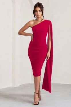 Yara | Red One Shoulder Cape Ruched Midi Dress 11 Yara | Red One Shoulder Cape Ruched Midi Dress -Sangyong Store WB CC BR CL127661 YaraBottleGreenOneShoulderCapeRuchedMidiDress1