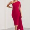 Yara | Red One Shoulder Cape Ruched Midi Dress 2 Yara | Red One Shoulder Cape Ruched Midi Dress -Sangyong Store WB CC BR CL127661 YaraBottleGreenOneShoulderCapeRuchedMidiDress2