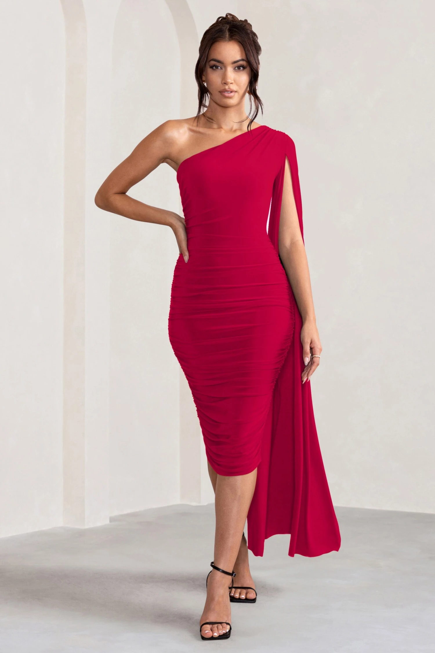 Yara | Red One Shoulder Cape Ruched Midi Dress 3 Yara | Red One Shoulder Cape Ruched Midi Dress