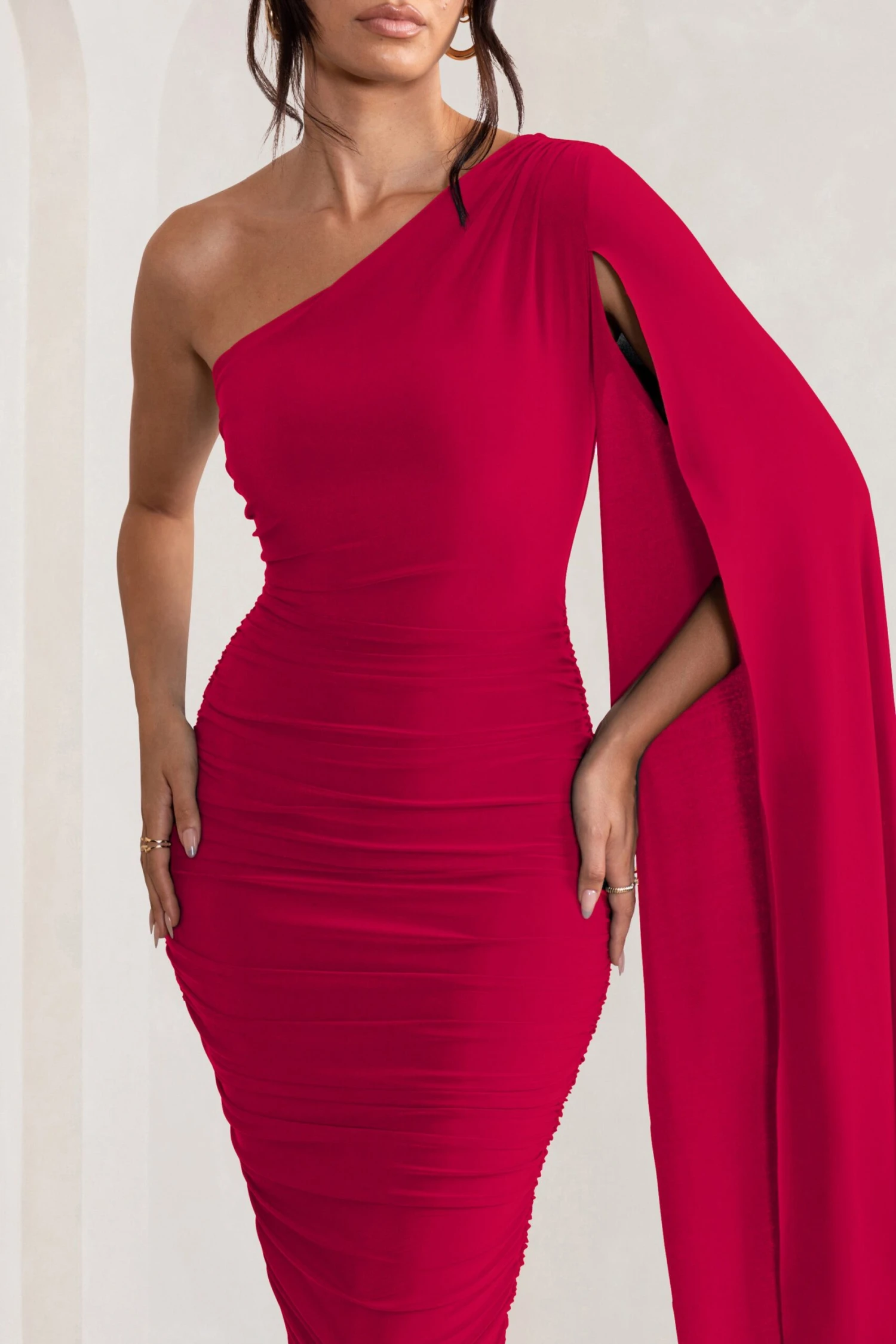 Yara | Red One Shoulder Cape Ruched Midi Dress 5 Yara | Red One Shoulder Cape Ruched Midi Dress - Image 3