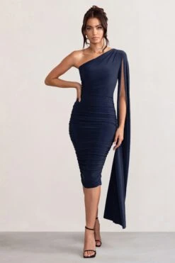 Yara | Navy One Shoulder Cape Ruched Midi Dress -Sangyong Store WB CC BR CL127661 YaraNavyOneShoulderCapeRuchedMidiDress1