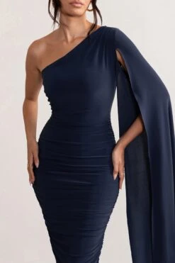 Yara | Navy One Shoulder Cape Ruched Midi Dress -Sangyong Store WB CC BR CL127661 YaraNavyOneShoulderCapeRuchedMidiDress3 86f338dd 6a53 4084 a198 8f049c5f38ab