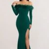 Lucilu | Bottle Green Feather Bardot Long Sleeve Maxi Dress With Side Split -Sangyong Store WB CC BR CL128281 LuluBottleGreenFeatherBardotLongSleeveMaxiDresswithSideSplit1