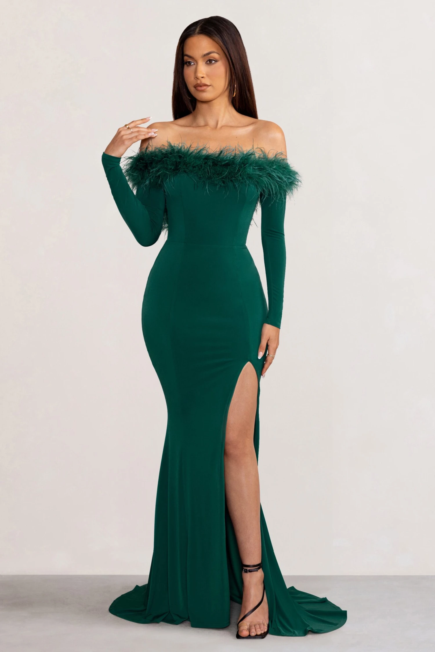 Lucilu | Bottle Green Feather Bardot Long Sleeve Maxi Dress With Side Split 3 Lucilu | Bottle Green Feather Bardot Long Sleeve Maxi Dress With Side Split