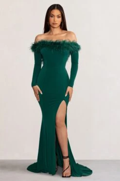 Lucilu | Bottle Green Feather Bardot Long Sleeve Maxi Dress With Side Split 10 Lucilu | Bottle Green Feather Bardot Long Sleeve Maxi Dress With Side Split -Sangyong Store WB CC BR CL128281 LuluBottleGreenFeatherBardotLongSleeveMaxiDresswithSideSplit2
