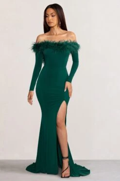 Lucilu | Bottle Green Feather Bardot Long Sleeve Maxi Dress With Side Split 11 Lucilu | Bottle Green Feather Bardot Long Sleeve Maxi Dress With Side Split -Sangyong Store WB CC BR CL128281 LuluBottleGreenFeatherBardotLongSleeveMaxiDresswithSideSplit3