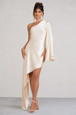 Hanna | Cream Asymmetric Draped Satin Mini Dress -Sangyong Store WB CC BR CL128638028 HannaCreamAsymmetricDrapedSatinDress CL129566159 SilkyScentsIvorySatinCorsagewithNeckTie3