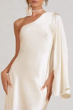 Hanna | Cream Asymmetric Draped Satin Mini Dress -Sangyong Store WB CC BR CL128638028 HannaCreamAsymmetricDrapedSatinDress CL129566159 SilkyScentsIvorySatinCorsagewithNeckTie3 detail