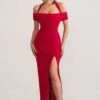 Anisa | Red Layered Halter Neck Bardot Maxi Dress With Thigh Split