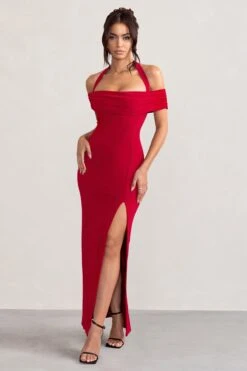 Anisa | Red Layered Halter Neck Bardot Maxi Dress With Thigh Split -Sangyong Store WB CC BR CL129055 AnisaRedLayeredHalterNeckBardotMaxiDressWithThighSplit2