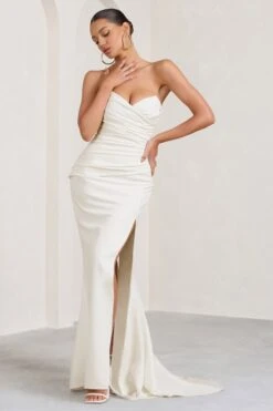 Elene | White Pleated Split Fishtail Maxi Dress 11 Elene | White Pleated Split Fishtail Maxi Dress -Sangyong Store WB CC BR CL129347005 EleneWhitePleatedSplitFishtailMaxiDress1