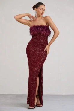 Old Money | Burgundy Bodycon Sequin Maxi Dress With Feather Trim -Sangyong Store WB CC BR CL129357002 OldMoneyBerryBodyconSequinMaxiDressWithFeatherTrim0
