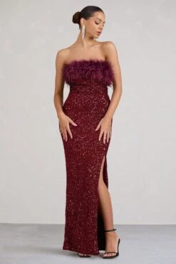 Old Money | Burgundy Bodycon Sequin Maxi Dress With Feather Trim -Sangyong Store WB CC BR CL129357002 OldMoneyBerryBodyconSequinMaxiDressWithFeatherTrim1
