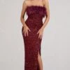 Old Money | Burgundy Bodycon Sequin Maxi Dress With Feather Trim -Sangyong Store WB CC BR CL129357002 OldMoneyBerryBodyconSequinMaxiDressWithFeatherTrim2