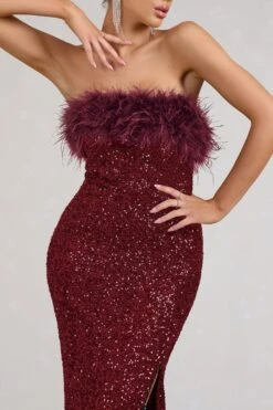 Old Money | Burgundy Bodycon Sequin Maxi Dress With Feather Trim -Sangyong Store WB CC BR CL129357002 OldMoneyBerryBodyconSequinMaxiDressWithFeatherTrim3