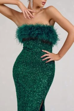 Old Money | Bottle Green Bodycon Sequin Maxi Dress With Feather Trim -Sangyong Store WB CC BR CL129357002 OldMoneyBottleGreenBodyconSequinMaxiDressWithFeatherTrim3