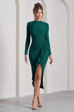 Dolce Vita | Bottle Green Long-Sleeve Ruffle Asymmetric Split Midi Dress -Sangyong Store WB CC CC CL129782047 DolceVita BottleGreenLong SleeveRuffleAsymmetricSplitMaxiDressBOTTLEGREEN0