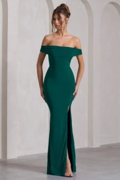 Law Of Attraction | Bottle Green Bardot Draped Split Maxi Dress -Sangyong Store WB CC CL124662047 LawofAttractionBottleGreenBardotDrapedSplitMaxiDress2