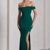 Law Of Attraction | Bottle Green Bardot Draped Split Maxi Dress -Sangyong Store WB CC CL124662047 LawofAttractionBottleGreenBardotDrapedSplitMaxiDress3