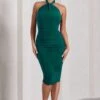 Serendipity | Bottle Green Halter Neck Knot Midi Dress -Sangyong Store WB CC CL126092047 Serendipity BottleGreenHalterNeckKnotMidiDress