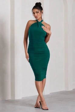 Serendipity | Bottle Green Halter Neck Knot Midi Dress -Sangyong Store WB CC CL126092047 Serendipity BottleGreenHalterNeckKnotMidiDress1