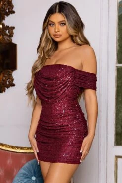 Shine On | Berry Sequin Bardot Drape Detail Mini Dress -Sangyong Store WB CC CL126702 red sequin off the shoulder mini dress 4 eff70ea9 03e5 4ddd 8e28 80f8e78f735b