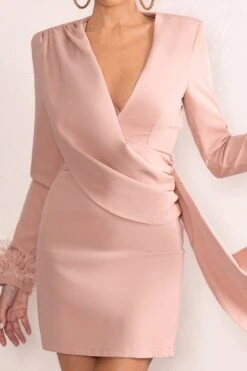 In Your Mind | Pink Plunge Neck Mini Dress With Feather Cuff And Statement Sash -Sangyong Store WB CC CL127284 InYourMindPinkVPlungeFeathersCuffsMiniDressWithStatementSash0