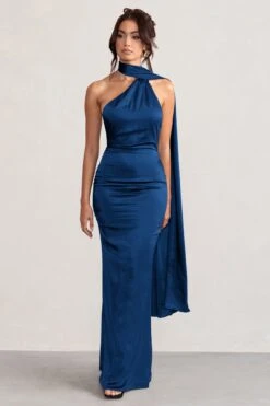 Mademoiselle | Navy Asymmetric Scarf Neck Backless Maxi Dress -Sangyong Store WB CC CL127576 MademoiselleNavySatinAsymmetricScarfNeckBacklessMaxiDress1