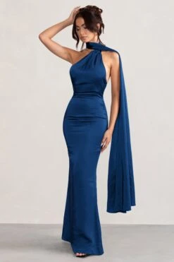 Mademoiselle | Navy Asymmetric Scarf Neck Backless Maxi Dress -Sangyong Store WB CC CL127576 MademoiselleNavySatinAsymmetricScarfNeckBacklessMaxiDress3
