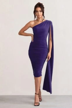 Yara | Purple One Shoulder Cape Ruched Midi Dress -Sangyong Store WB CC CL127661 YaraPurpleOneShoulderCapeRuchedMidiDress1