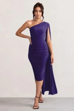 Yara | Purple One Shoulder Cape Ruched Midi Dress -Sangyong Store WB CC CL127661 YaraPurpleOneShoulderCapeRuchedMidiDress2