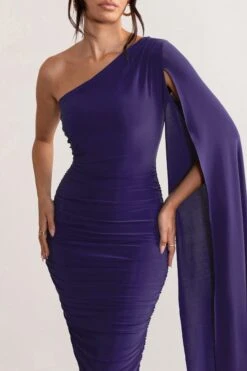 Yara | Purple One Shoulder Cape Ruched Midi Dress -Sangyong Store WB CC CL127661 YaraPurpleOneShoulderCapeRuchedMidiDress3