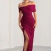 Eva | Burgundy Bardot Bow Detail Maxi Dress With Thigh Split -Sangyong Store WB CC CL127770069 EvaBurgundyBardotBowDetailMaxiDressWithThighSplit1
