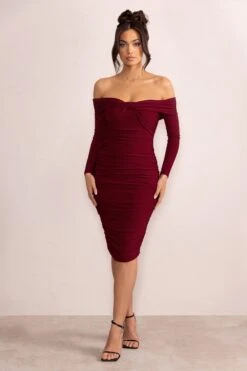 Lulu | Burgundy Twist Front Bardot Midi Dress With Sleeves -Sangyong Store WB CC CL127851 LuluBurgundyTwistFrontBardotMidiDressWithSleeves3