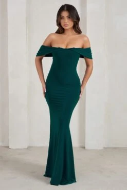 Gabrielle | Green Bardot Neckline With Drape Sleeves Maxi Dress -Sangyong Store WB CC CL128402 GabrielleBottleGreenBardotNecklineWithDrapeSleevesMaxiDress3 04607870 7509 4e9b 8e66 86abf2bf075d