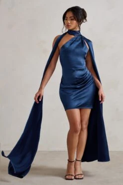 Laurelie | Navy Satin Statement Cape Design Mini Dress -Sangyong Store WB CC CL128424 LaurelieNavySatinStatementCapeDesignMiniDress0