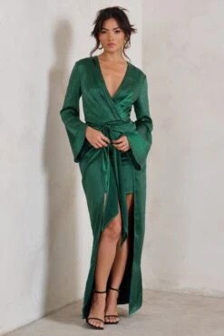 Patricia | Green Extreme Plunge Long Sleeve Maxi Dress With Tie Detail -Sangyong Store WB CC CL128428 PatriciaBottleGreenExtremePlungeLongSleeveMaxiDressWithTieDetail6
