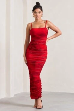 Ellis | Red Rose Printed Ruched Mesh Strappy Bodycon Maxi Dress -Sangyong Store WB CC CL128707100 EllisRedRosePrintedRuchedMeshStrappyBodyconMaxiDress0