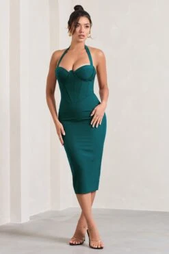 Supermodel | Bottle Green Halter-Neck Corset Midi Dress -Sangyong Store WB CC CL128734047 SupermodelBottleGreenHalter NeckCorsetMidiDress2
