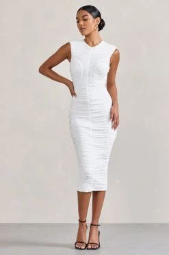 Alight| White Ruched Mesh Sleeveless Bodycon Midi Dress -Sangyong Store WB CC CL128817005 Alight WhiteRuchedMeshSleevelessBodyconMidiDress0